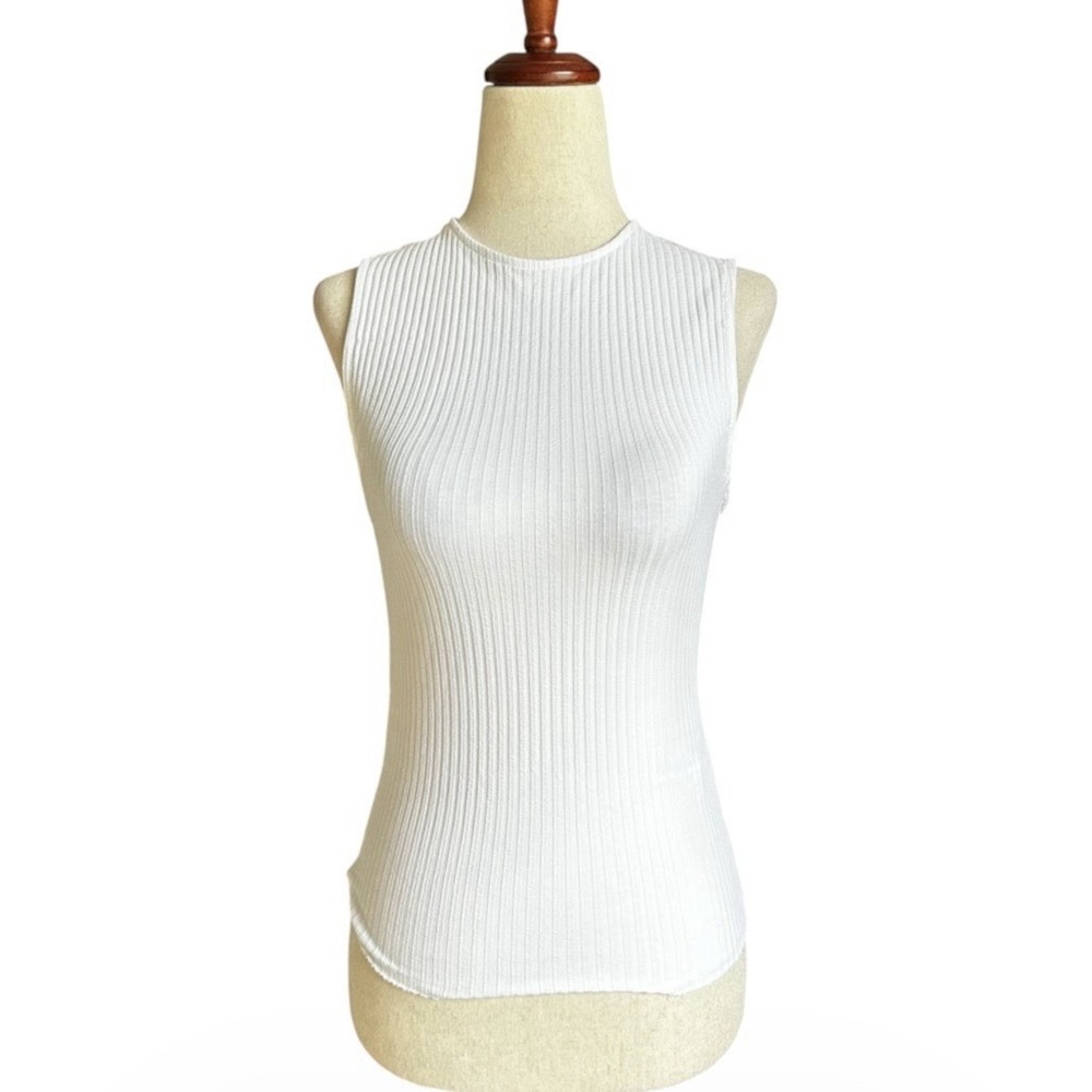 Zara Women's White Ribbed Knit Tie-Back Sleeveless Tank Top Size Medium | 8-12